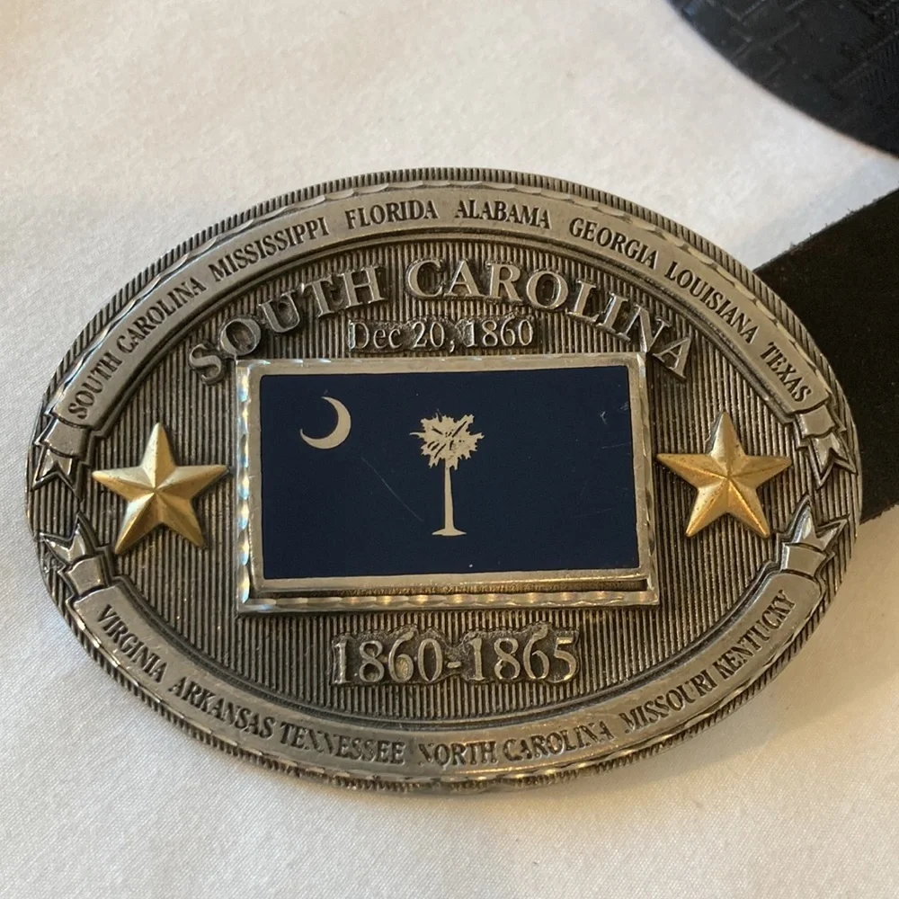 Vintage SC Confederate State History Belt & Buckle Black Leather, 1999